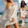 Women Cover Up Dress Batwing Long Sleeve See-through Hollow Mesh Bikini Cover Up Quick-Drying Breathable Beachwear