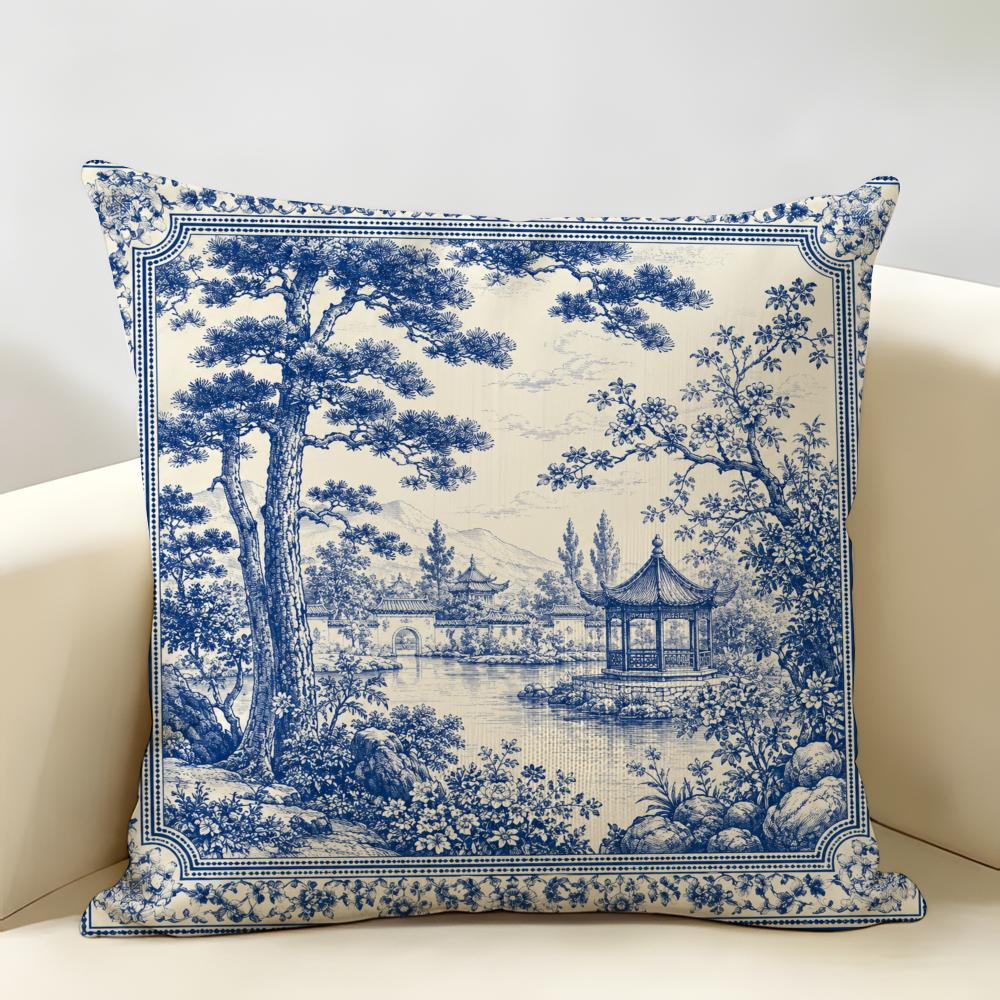 Blue White Landscape Cushion Cover Durable Hypoallergenic Organic Linen Short Pillow Cover Washable