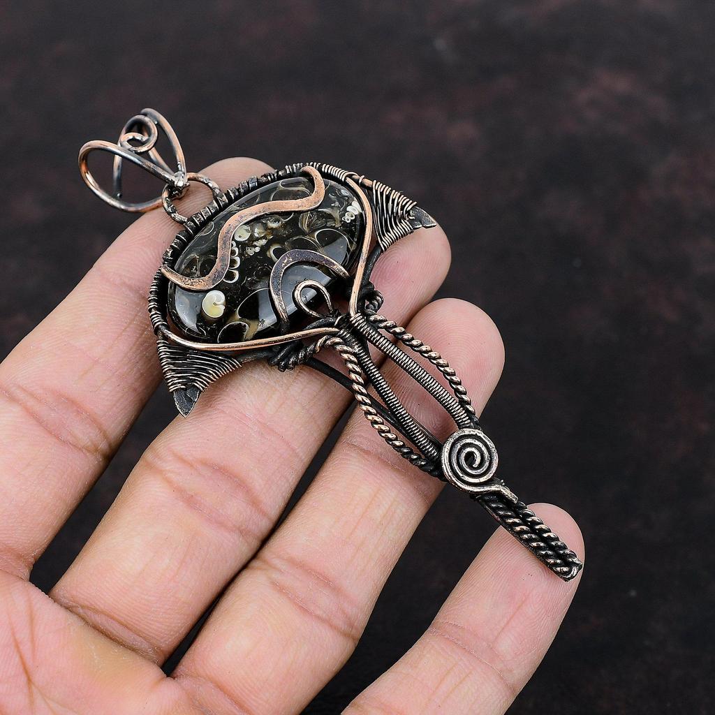 Подвеска из агата туррителлы, обернутая медной проволокой, подвеска из драгоценного камня, украшения из агата туррителлы, ручная работа, подвеска в стиле бохо, медные украшения, подарок на годовщину