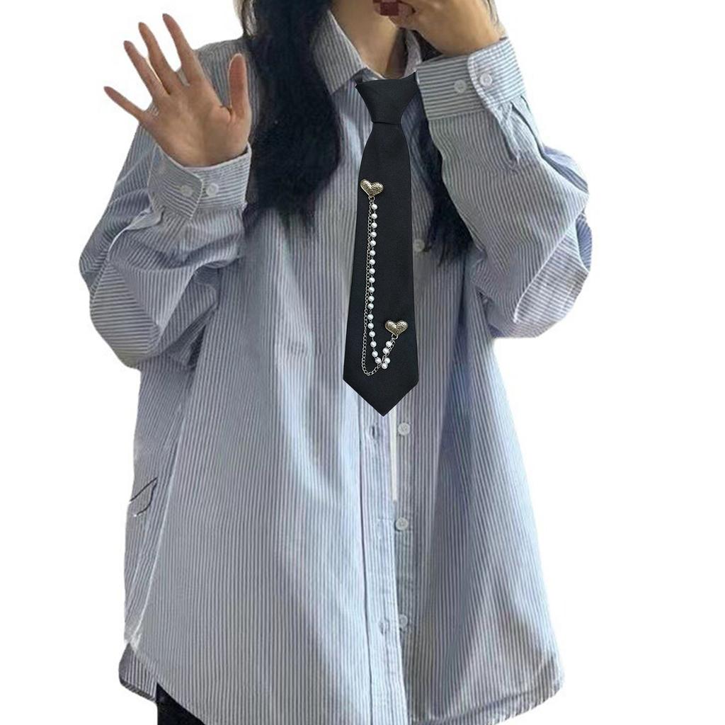 Punk Heart Pearls Beads Chain Tie for School Campus Uniform Adjustable Pre Tied Black Necktie for Students Teens Adults