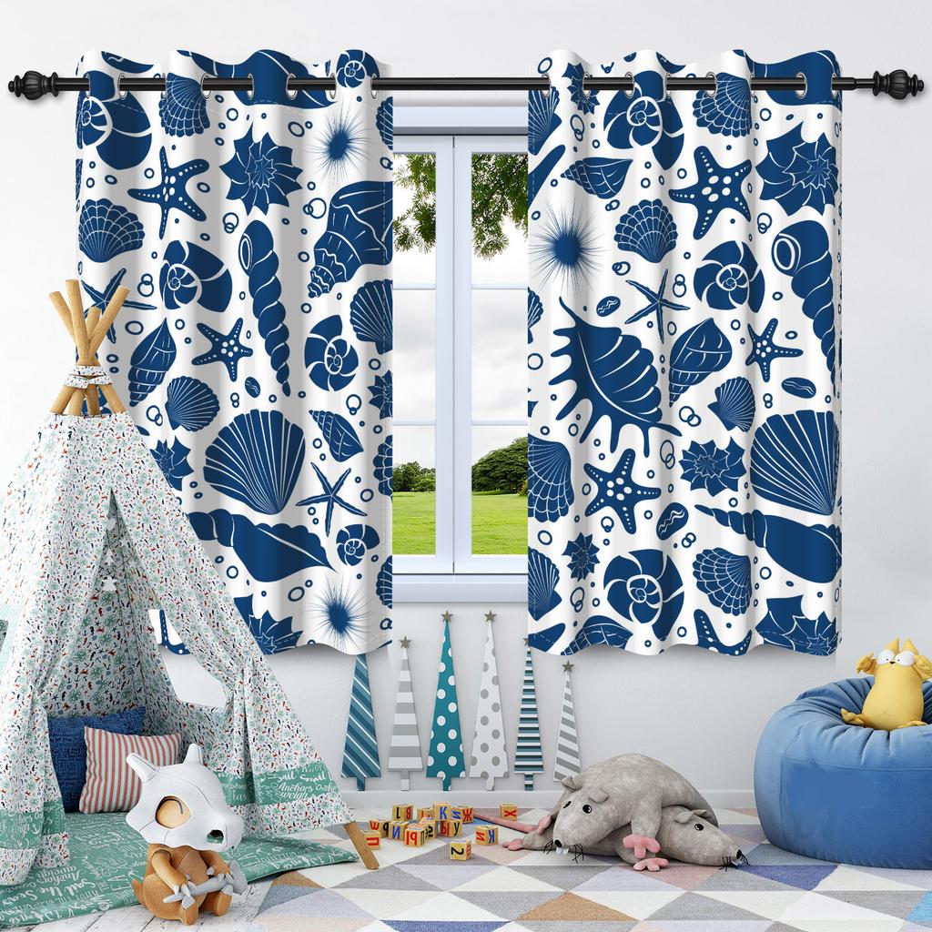 2 Pcs Sea Plants Shells Starfish Blackout Curtains Thermal Insulated Grommet Window Drapes Children Bedroom Living Room Decor