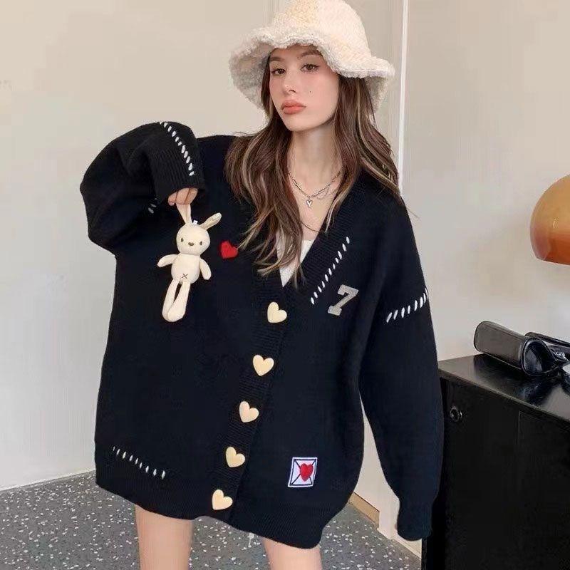 Черный вязаный кардиган с изображением кролика, женское пальто 2023, осень/зима, яркий свободный многослойный свитер с длинными рукавами, женский кардиган