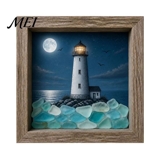 Elegant Table Centerpiece Sea Glass Art Painting with LED Light, DIY Mosaic Arts and Craft Kit, Picture Frame Light Ocean Themed Beach Kit for