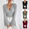 Women's Europe and United Knitted Ribbed Pit Stripes Top V-neck Slim Long Flared Sleeve Knit T-shirt Fashion Casual Lightweight Knitted Jumper
