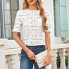 Women Tops Round Neck Puff Short Sleeve Hollow Lace Pullover Tops Solid Color