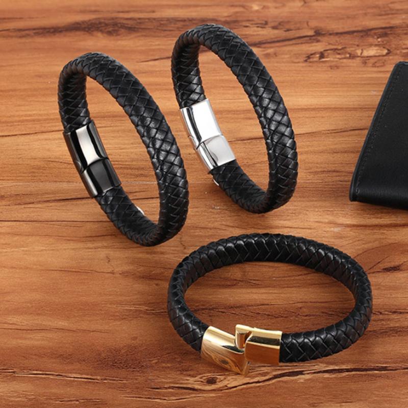 Retro Hip Hop Stainless Steel Leather Woven Bracelet Simple Black Brown Magnetic Buckle Couple Bracelet Men's Everyday Casual Wear Jewelry Accessories