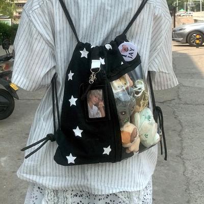 Оригинальный рюкзак-мешок из канваса в стиле Y2K, большая вместимость, принт со звездами, студенческая школьная сумка, прозрачная безболезненная сумка, корейская сумка через плечо