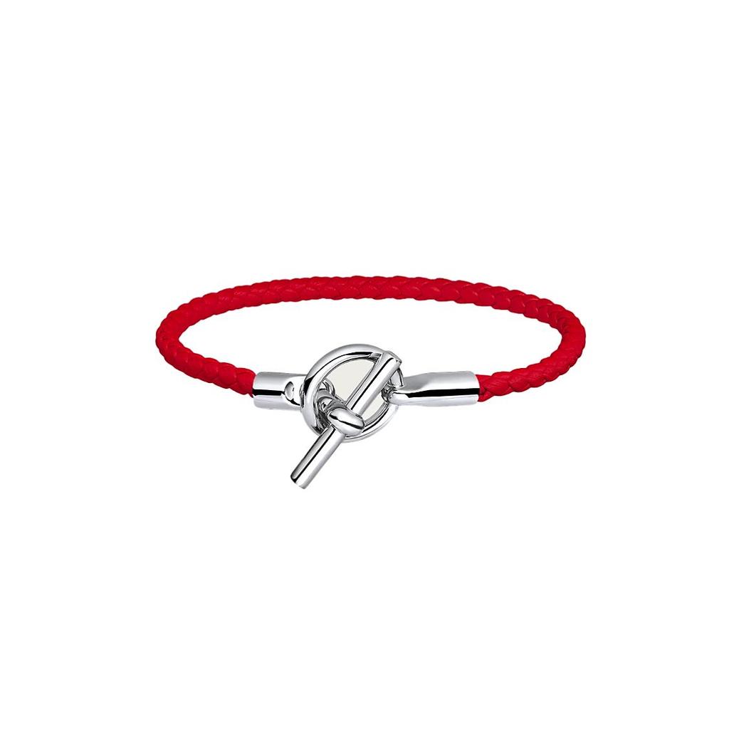 Hermes Glenan Woven Round Hollow Decoration Calfskin Palladium Plated Bracelet Unisex Bracelet Red H071681FPS3T3