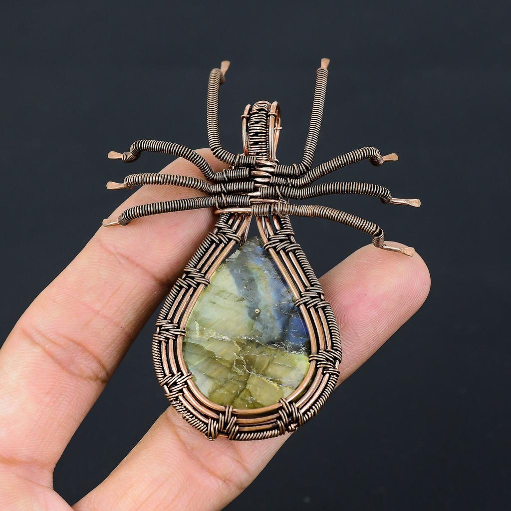 Подвеска-паук из медной проволоки ручной работы из натурального лабрадорита, 2,56 дюйма, A7Z94
