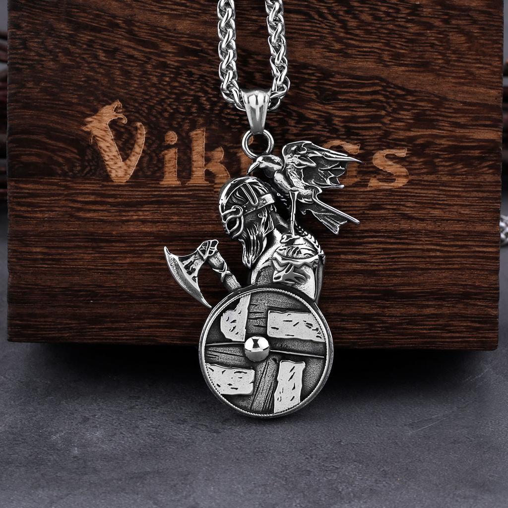 Viking Norway Odin's Raven Axe Pendant Shoulder Standing Necklace Men's Fashion Charm Stainless Steel Jewelry Gift for Boyfriend