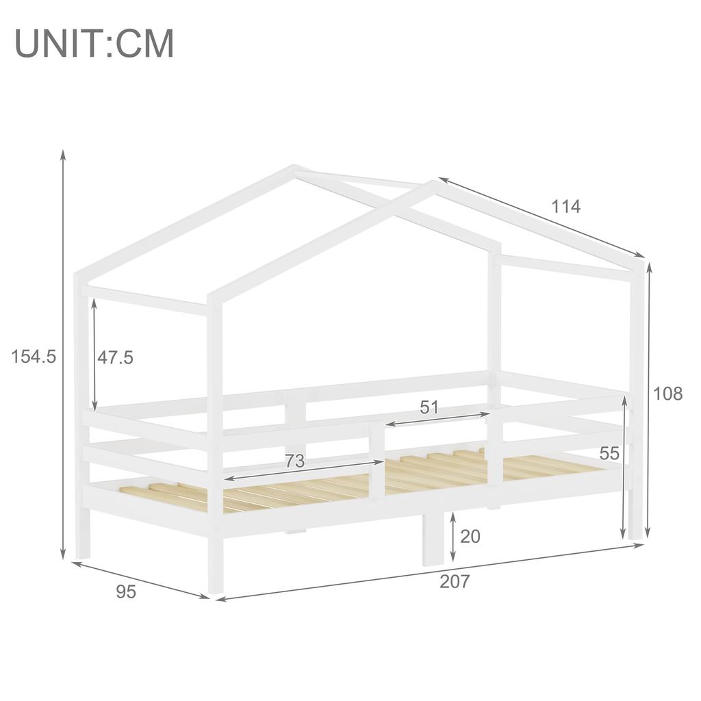 House Bed 90x200 cm, pine, house roof design, three-sided fall protection, slatted frame included, without mattress, color white, DE603090WT