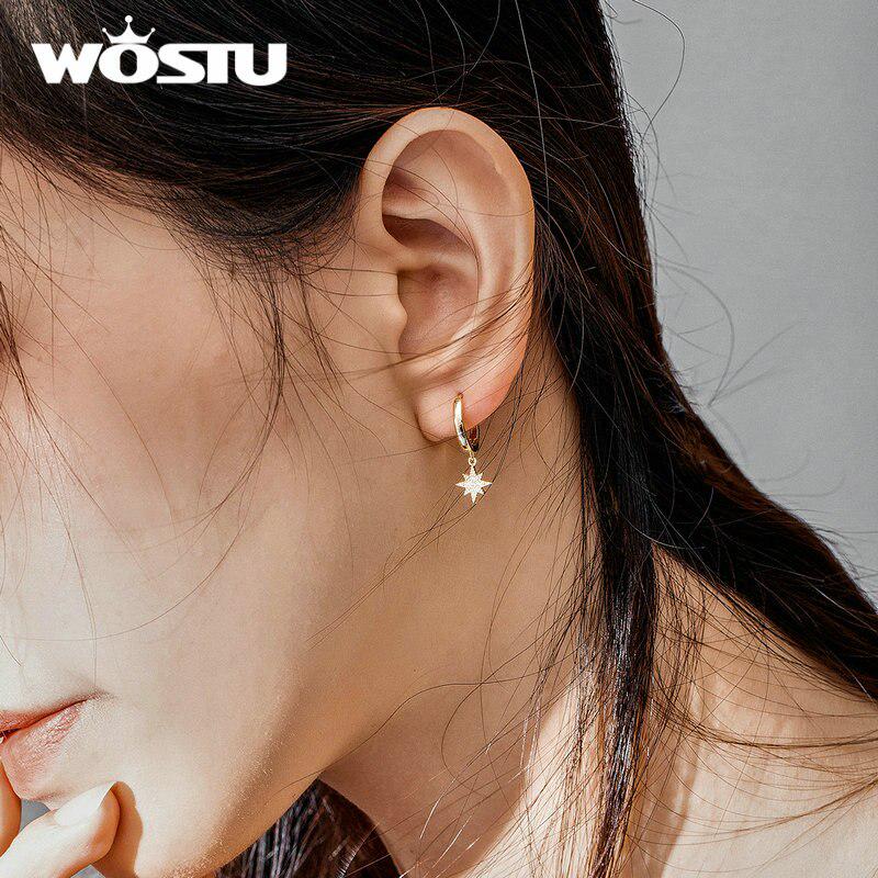 WOSTU Аутентичные серьги из стерлингового серебра 925 пробы со звездами и луной, женские модные серьги золотого цвета с цирконием