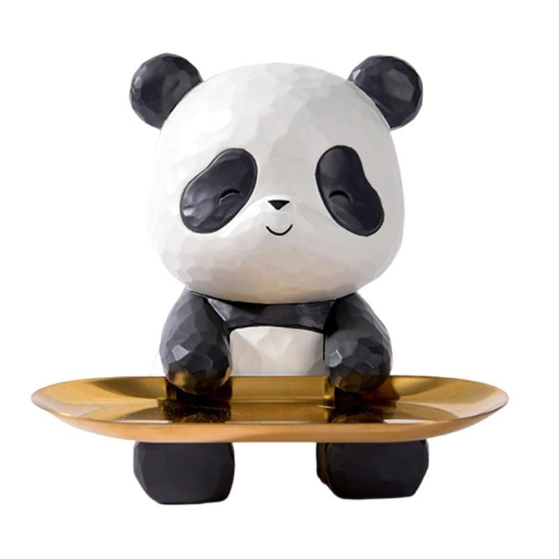 Decorative Panda Resins Statue with Storage Tray for Key and Trinkets Animal Sculpture Entryway Living Room Table Decors