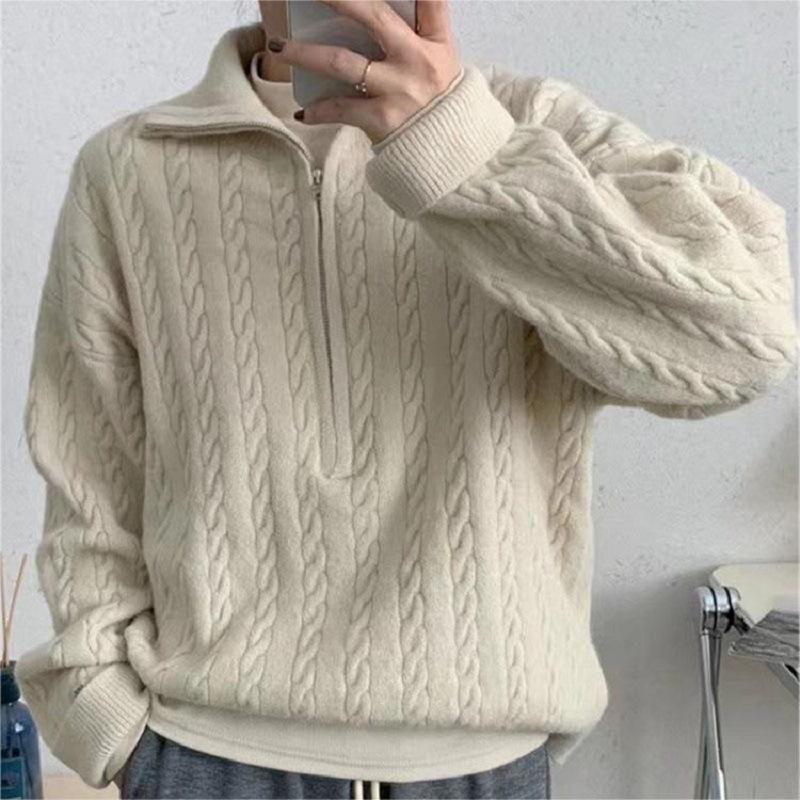 Korean solid color lapel neck twist sweater outer wear women's lazy style fashion casual autumn and winter French polo neck zipper shirt