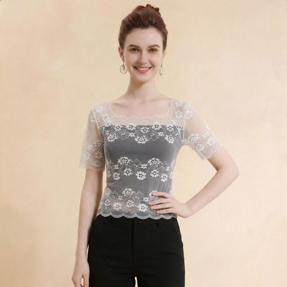 Nylon Lace Short Sleeve Top Thin Light Fabric Sling Dress Cover Up Hollow Out Layering Tee Women