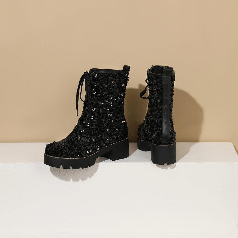 Sequins Glitter Party Goth Shoes For Women Shiny Lace-up Platform Chunky Heels Ankle Boots Wedding Shoes