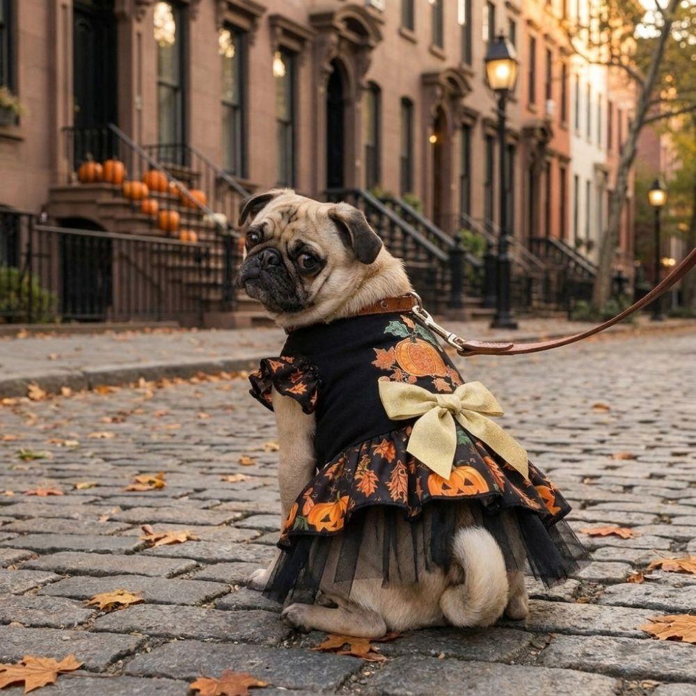 Big Bow Decor Pet Wizard Dress Mesh Dog Maple Leaf Print Dress Pet Puff Sleeve Skirt Pet Party