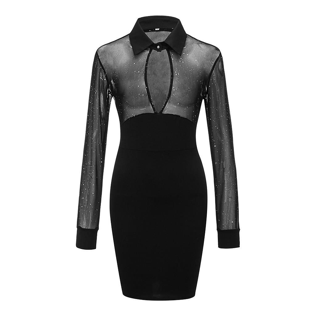 Chamsgend Fashion Women Long Sleeve Glitter Semi Sheer Mesh Patchwork Slim Work Dress