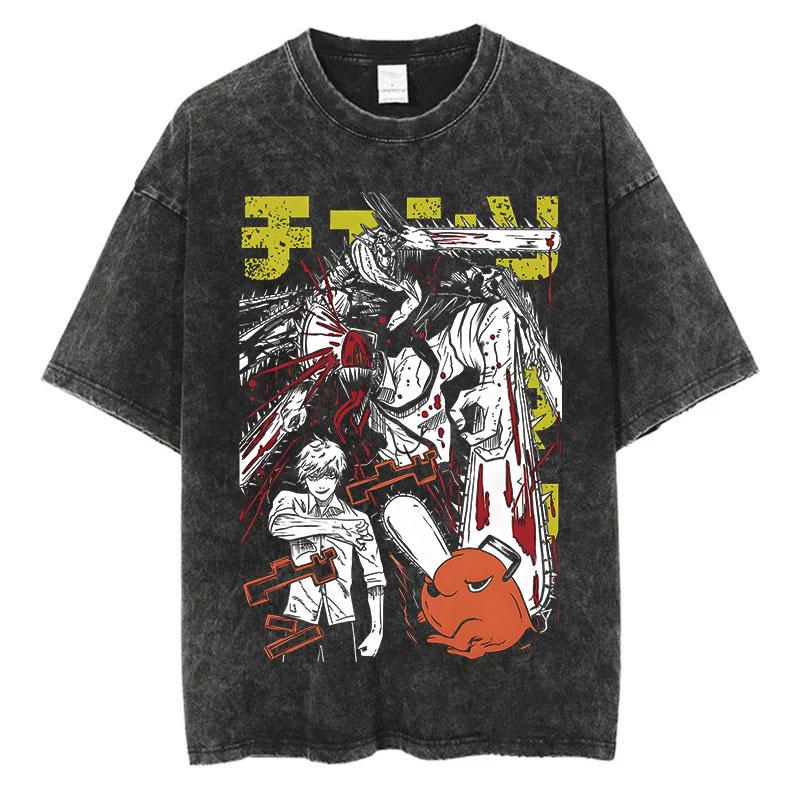 Anime Chainsaw Man Power Funny Print T Shirt Men Women Y2k T-shirts Washed Cotton Tee Harajuku Unisex Comfortable Tshirt