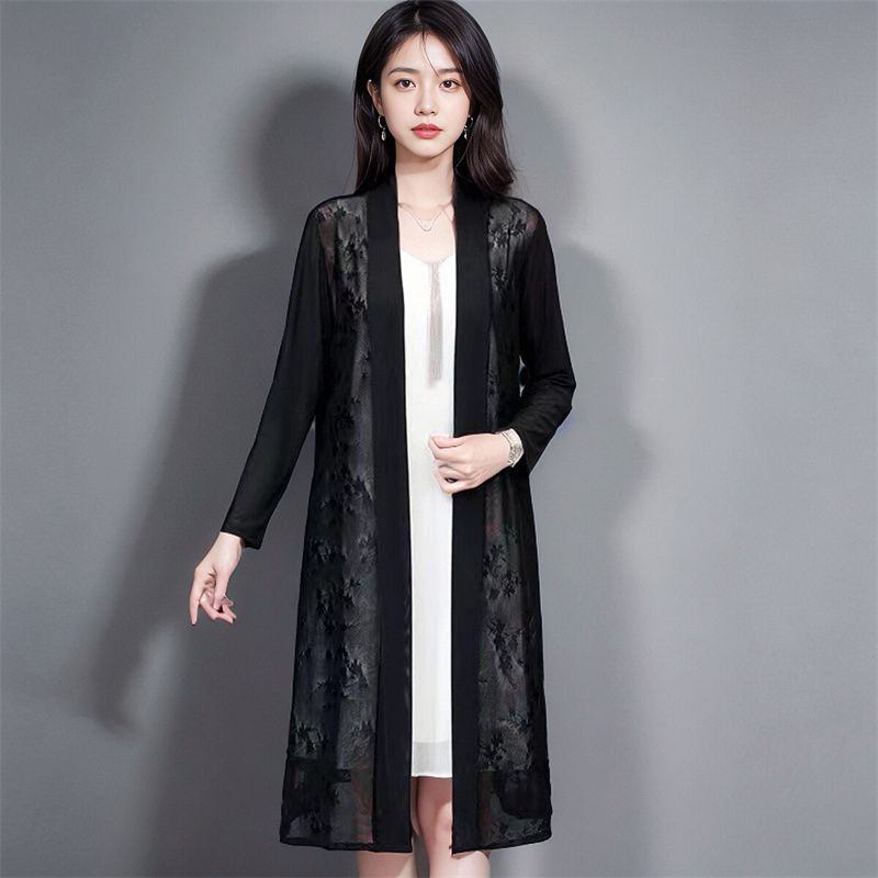 Жаккардовый шелк Ice Silk, весенне-летняя солнцезащитная одежда, женская кружевная шаль, сетчатый кардиган средней длины, тонкая куртка