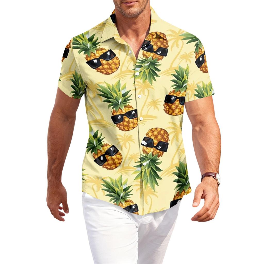 Men's Casual Loose Fit Hawaiian Print Short Sleeve Shirt Button Down Beach Vacation Shirt Lightweight Breathable Summer Top