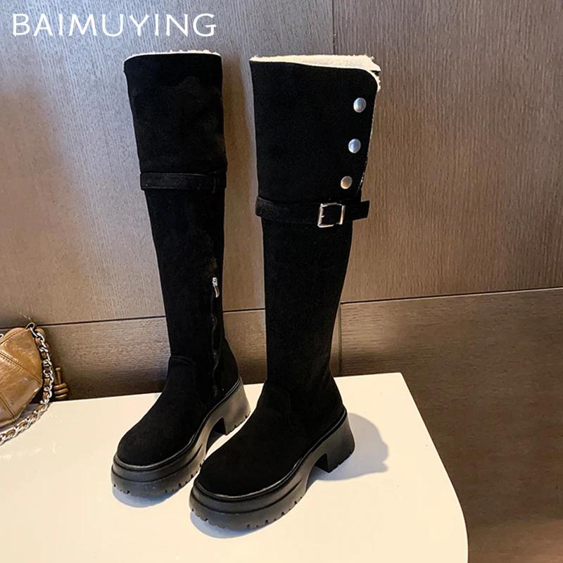 Меховые высокие сапоги на толстой платформе женские замшевые дизайнерские высокие туфли 2025 года, тренд зимы, новые модные туфли-лодочки до колена в готическом стиле Botas De Mujer