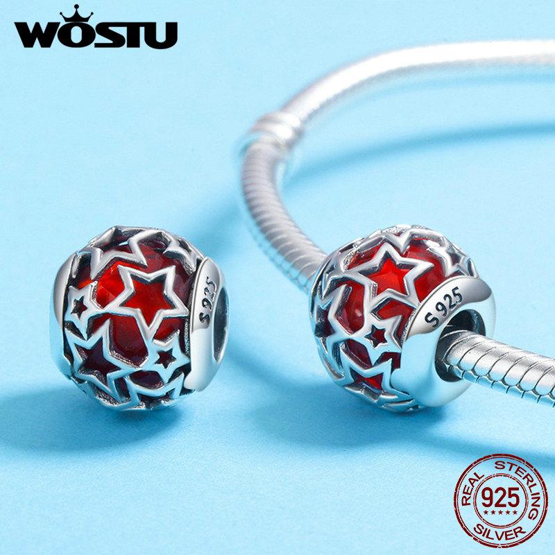 WOSTU 925 Sterling Silver 4 Colors Shimmering Star Openwork Blue Crystal Beads fit original Charm Bracelets Fine Jewelry CQC411