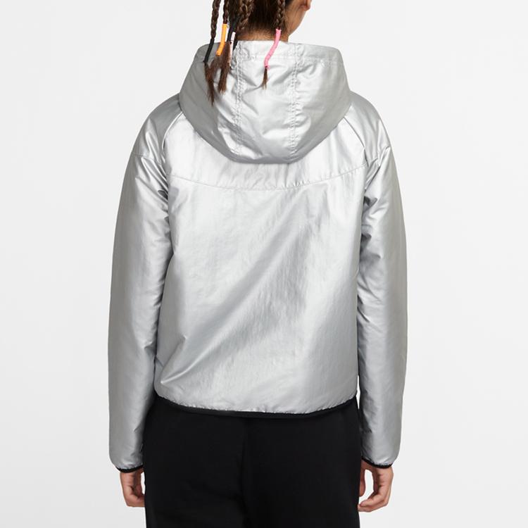 Nike Женская повседневная куртка Windrunner с капюшоном, синтетический наполнитель, принт с буквами, металлическая серебристо-черная CJ2262-095