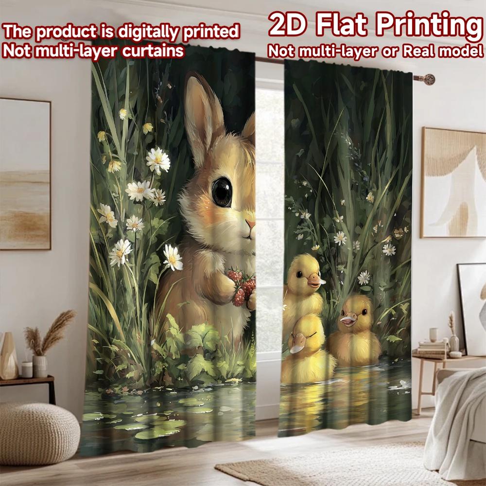 2D flat printing 2pcs Curtain Bunny Duckling Water Nature Digital Printed Polyester Drapes Festive Wall Decor Perfect for