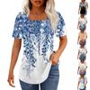 T Shirts For Women Pleated Square Neck Dressy Casual Blouses Printing Short Sleeve Summer Tops Loose Fit