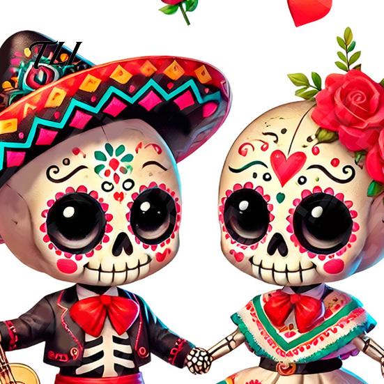 Mexican Skeleton Decals for Glass Halloween Cartoon Couple Window Stickers, Waterproof PVC Day of The Dead Static Decals, Traditional