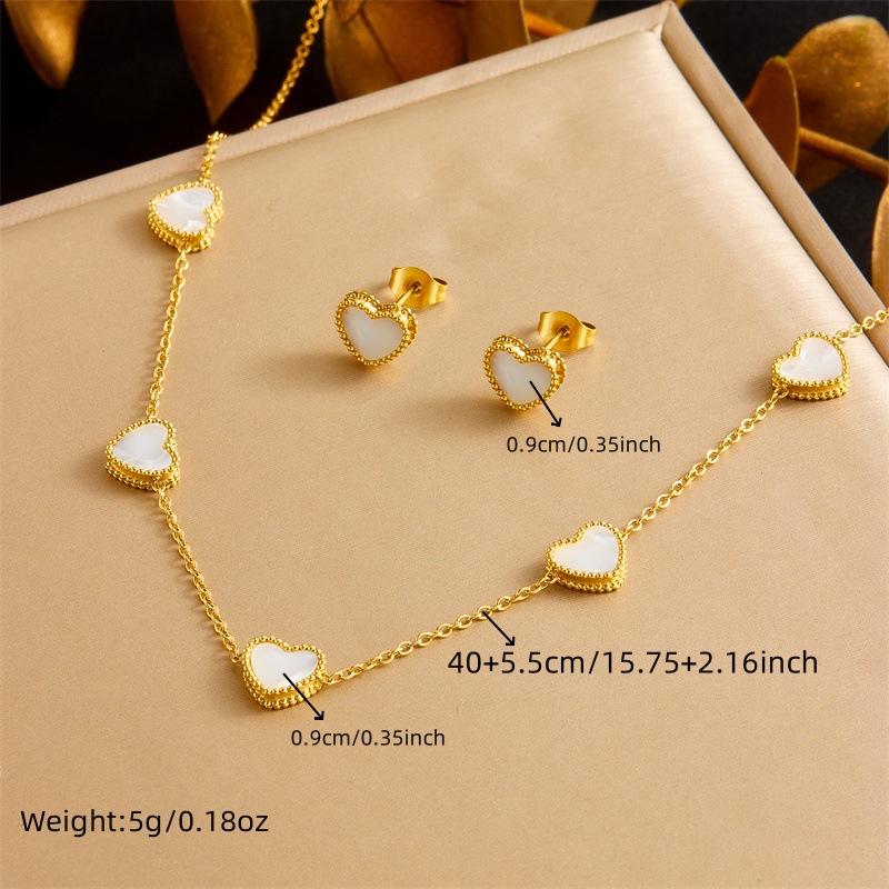 Gold Plated Mother of Pearl Heart Necklace Earrings Set Dainty Love Pendant Jewelry