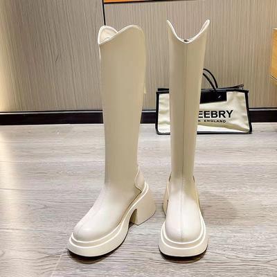 2025 осень и зима новый толстый каблук толстая подошва осень и зима высокий каблук кремовые сапоги V-образный вырез до колена сапоги сапоги сапоги