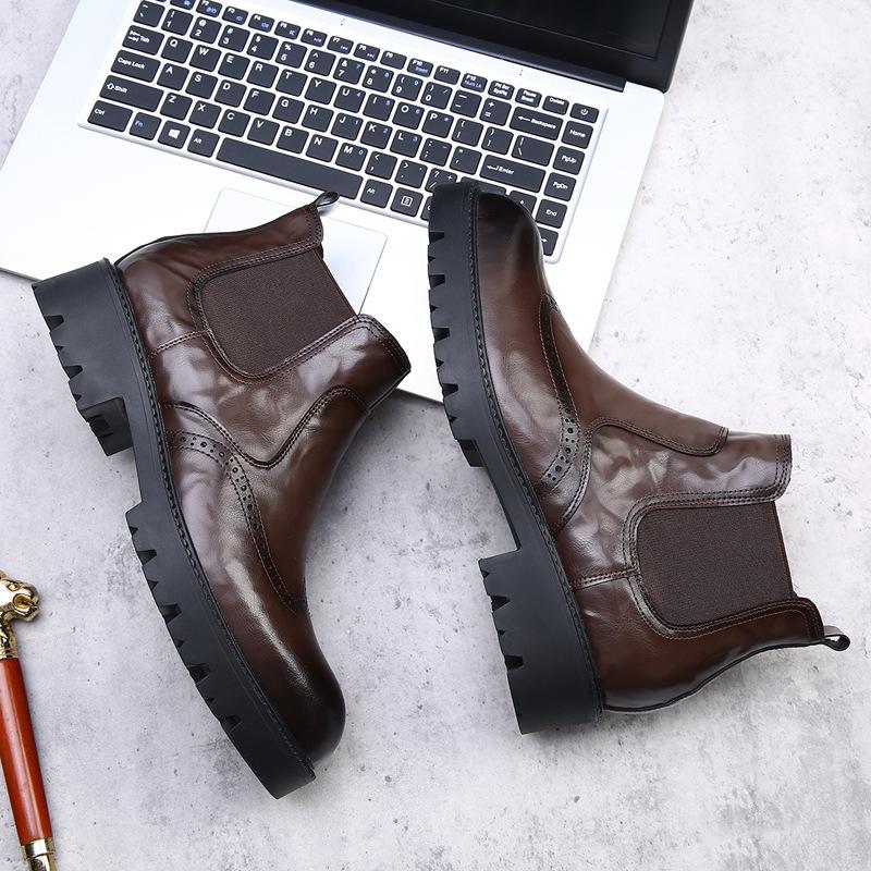 Мода 2025 Новые Брокги Резные Деловые Кожаные Ботинки для Мужчин Мода Повседневные Осенние Зимние Ботильоны Мужские Однотонные Туфли на Платформе Мужские