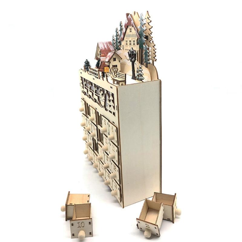 Календарь Орнамент Деревянный Рождественский Адвент Календарь Деревня Оленей Светодиодные Праздничные Украшения Рождество