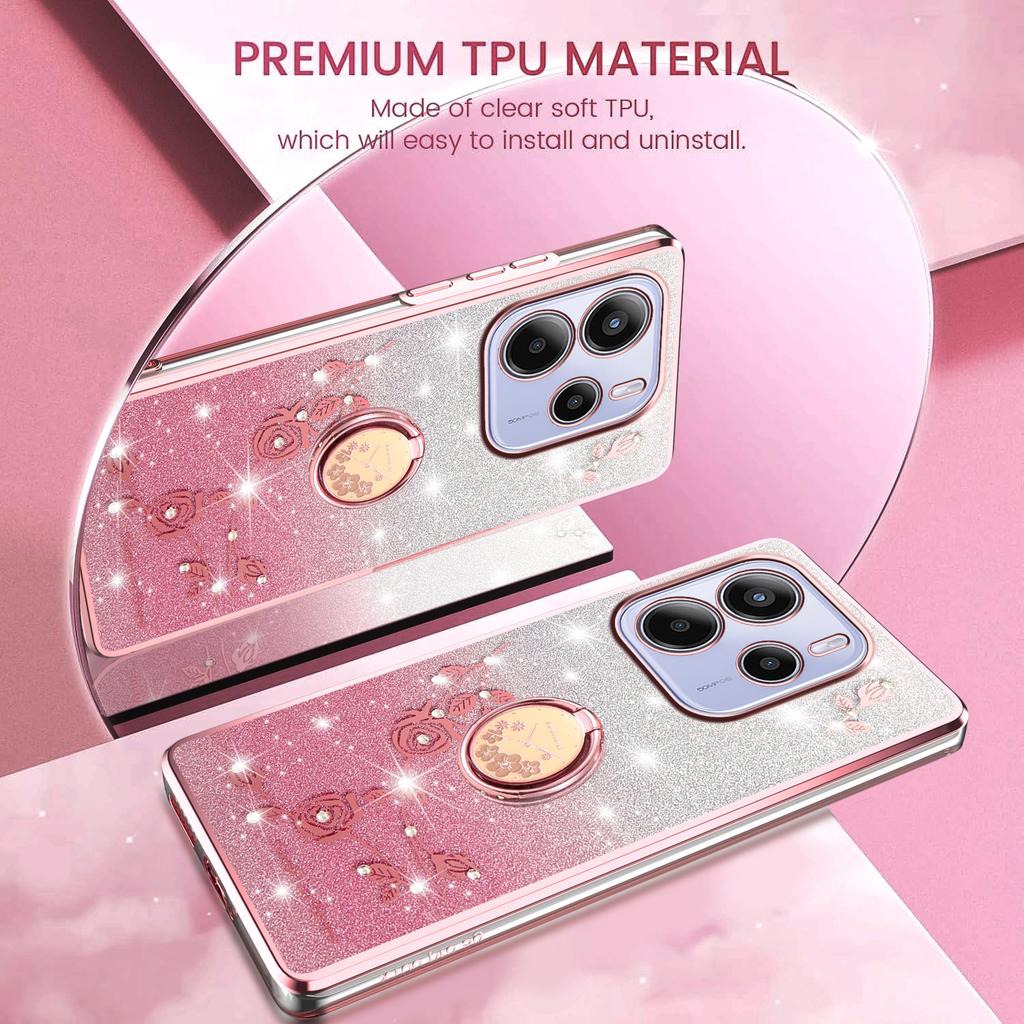 For Xiaomi Redmi Note 14 5G Case Ring Kickstand TPU Flowers Phone Cover Gradient Glitter