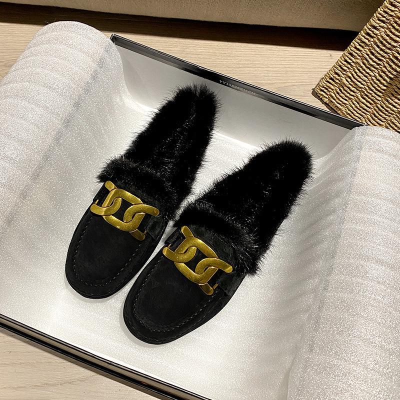 Роскошные Меховые Мокасины Женские Зимние Хлопковые Туфли Женские Теплые Слипоны для Ходьбы Балетки Меховые Лоферы Ботинки из Свиной Кожи