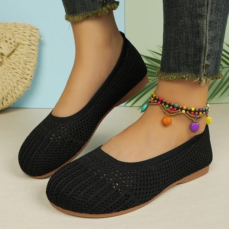 Туфли на плоской подошве 2024 года, новые весенние, летние и осенние, повседневные, трикотажные, дышащие, с неглубоким носком, модные туфли на плоской подошве для женщин, Zapatos