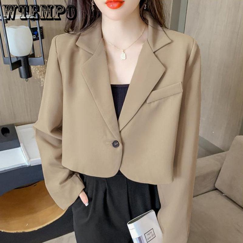 Korean Cropped Blazers Women Solid Color Simple Single-button Outwear Teens All-match Long Sleeve Office Suit Jacket