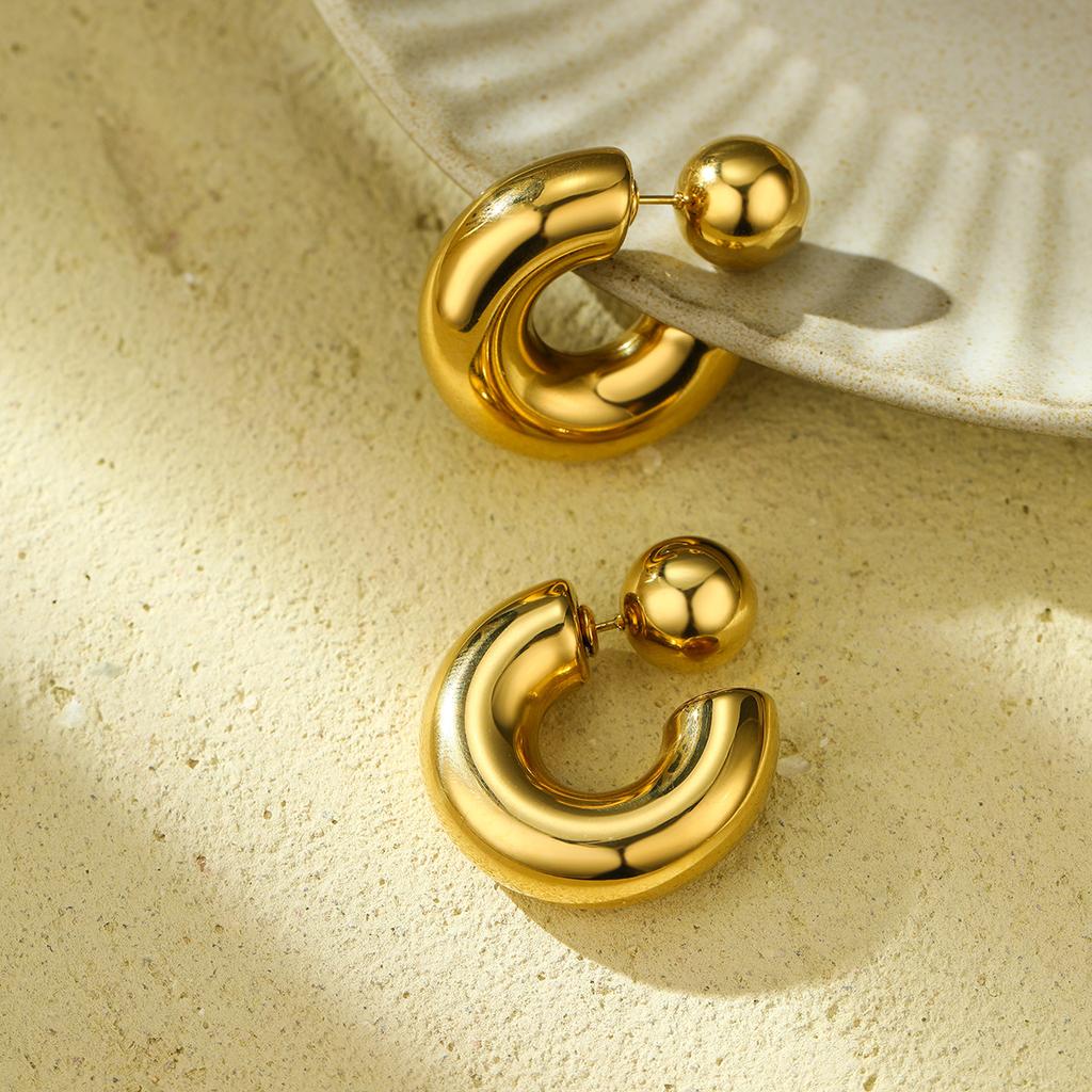 GEMCHIC Women's C-Shaped Hollow Tube Hoop Earrings with Ball Stud, Gold Plated Stainless Steel Geometric Jewelry