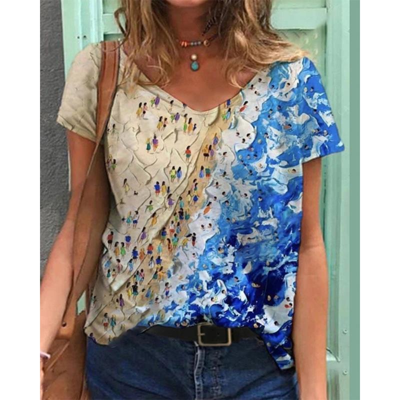 Новая футболка с цветочным принтом 3D, женская футболка с V-образным вырезом и коротким рукавом, топы Y2k, уличная одежда, футболки больших размеров в стиле Харадзюку, женская одежда