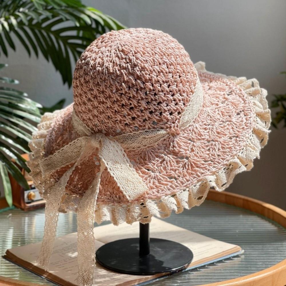 Lace Trim Sun Hat Wide-Brimmed Beach Cap Breathable Bucket Hat Travel