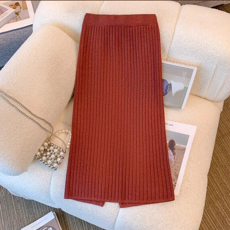 Элегантная офисная женская однотонная прямая юбка, повседневная трикотажная юбка в полоску, осень/зима, юбка средней длины с высокой талией и запахом на бедрах 29474