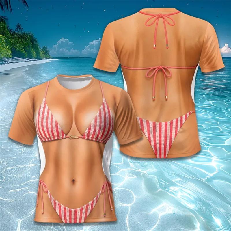 3D Fake Body Bikini Printed Men Short Sleeve T Shirts Funny Stripe Pattern Tee Casual Summer Beach Pool Party Holiday Top Gifts