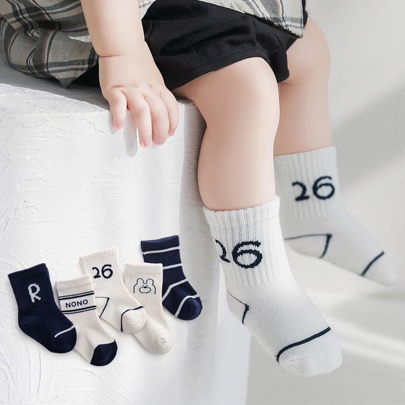 2023 5 Pairs Set Breathable Organic Cotton Crew Socks Cute Design for Infant Baby Kids Boys and Girls