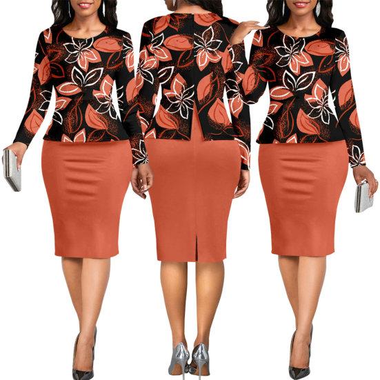 Женское платье-футляр с круглым вырезом, облегающее, из двух частей, с цветочным принтом, с длинным рукавом, длиной до колена, женское платье миди в повседневном стиле