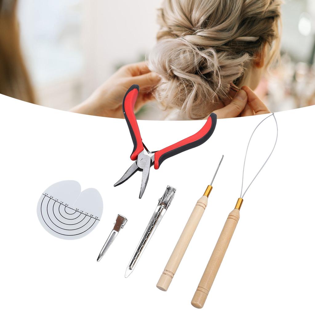 Hair Extension Tool Kit Silicone Rings Curved Hair Plier Wooden Handle Pulling Needle Hook Needle Tr