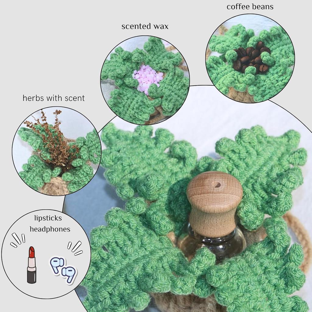 Handmade Crochet Car Air Freshener - Adorable Bendable Fern Plant with 8ml Empty Refillable Oil Diffuser Bottle, Suitable for Car Rearview Mirror