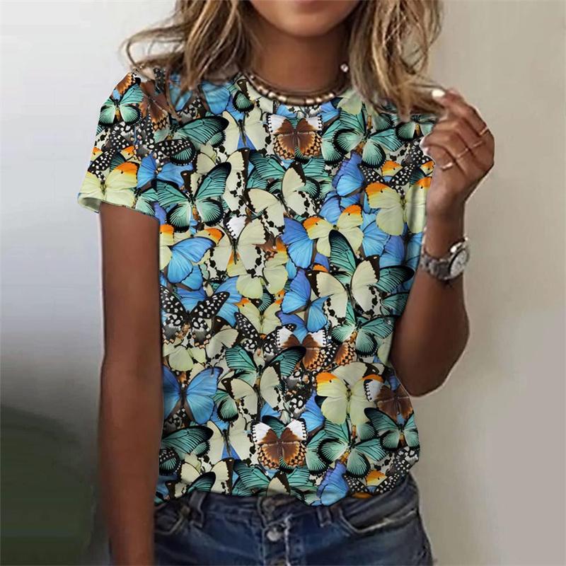 Women's 3D Butterfly Printed T-shirt, Colorful Insect Pattern T-shirt, Summer Casual Shorts, Round Neck Loose Sleeve T-shirt