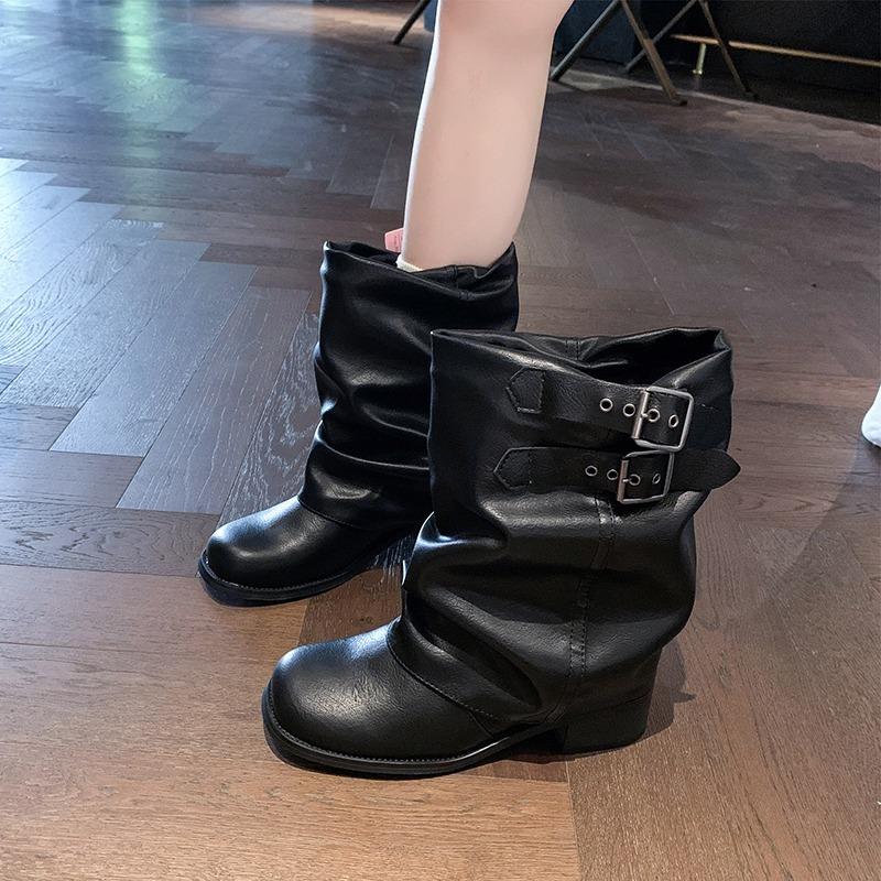 Fashion Studded Metal Buckle Pleated Single Boots Women's Autumn New Round Toe Sleeve Non-Slip Block Heel Short Boots